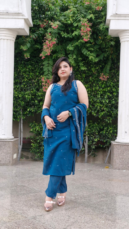 Teal Blue Embellished Kurta Set with Dupatta