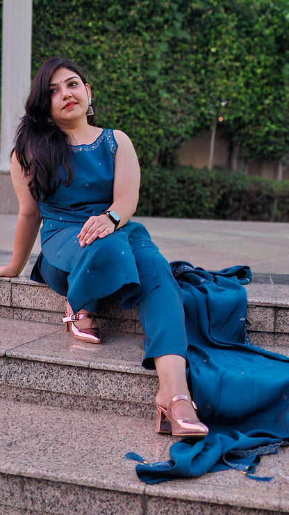 Teal Blue Embellished Kurta Set with Dupatta
