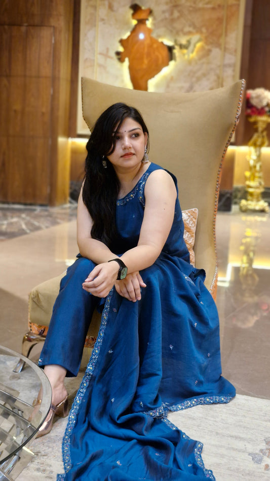 Teal Blue Embellished Kurta Set with Dupatta