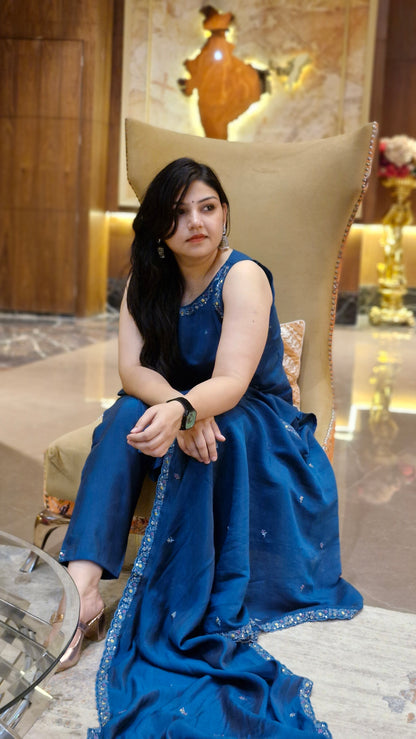 Teal Blue Embellished Kurta Set with Dupatta