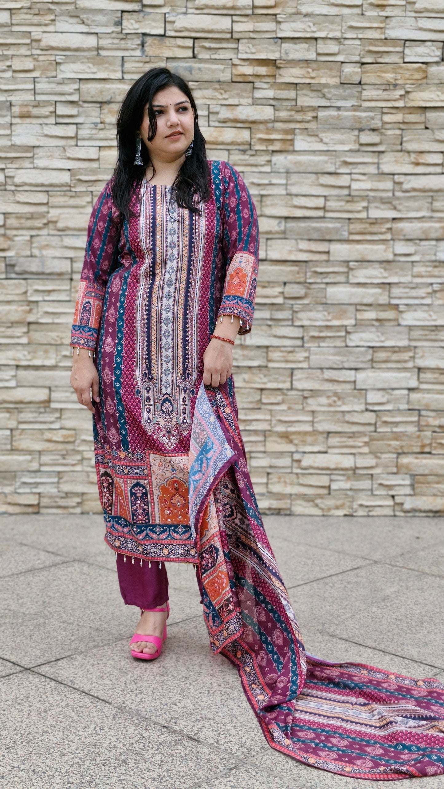 Magenta Multi-Print Dola Silk Suit Set