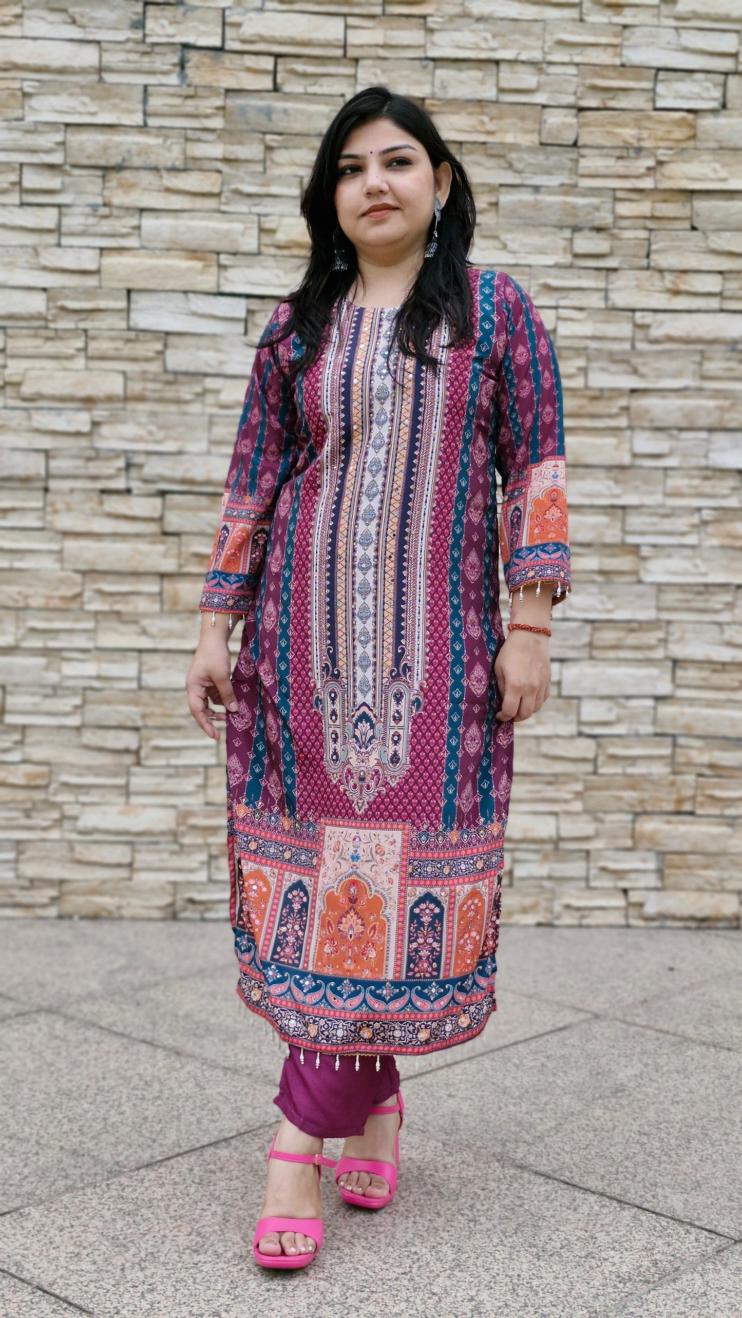 Magenta Multi-Print Dola Silk Suit Set