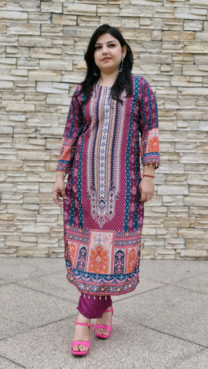 Magenta Multi-Print Dola Silk Suit Set