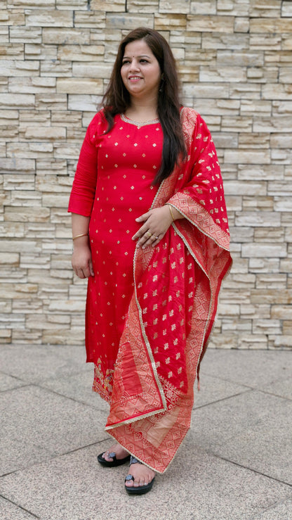 Scarlet Regalia: Embroidered Silk Suit Set