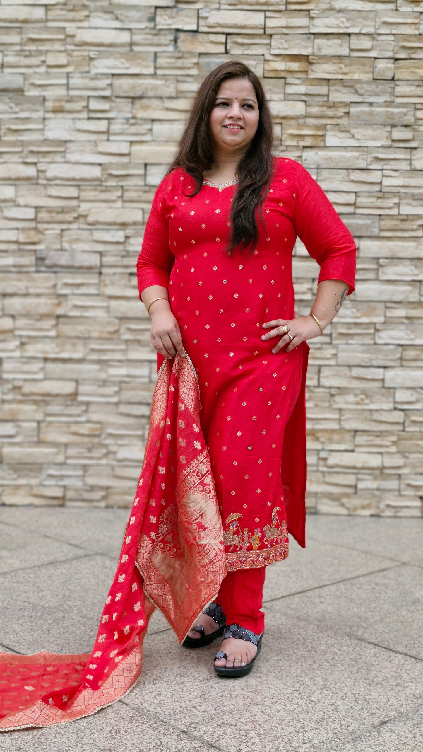 Scarlet Regalia: Embroidered Silk Suit Set