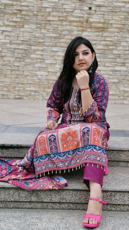 Magenta Multi-Print Dola Silk Suit Set