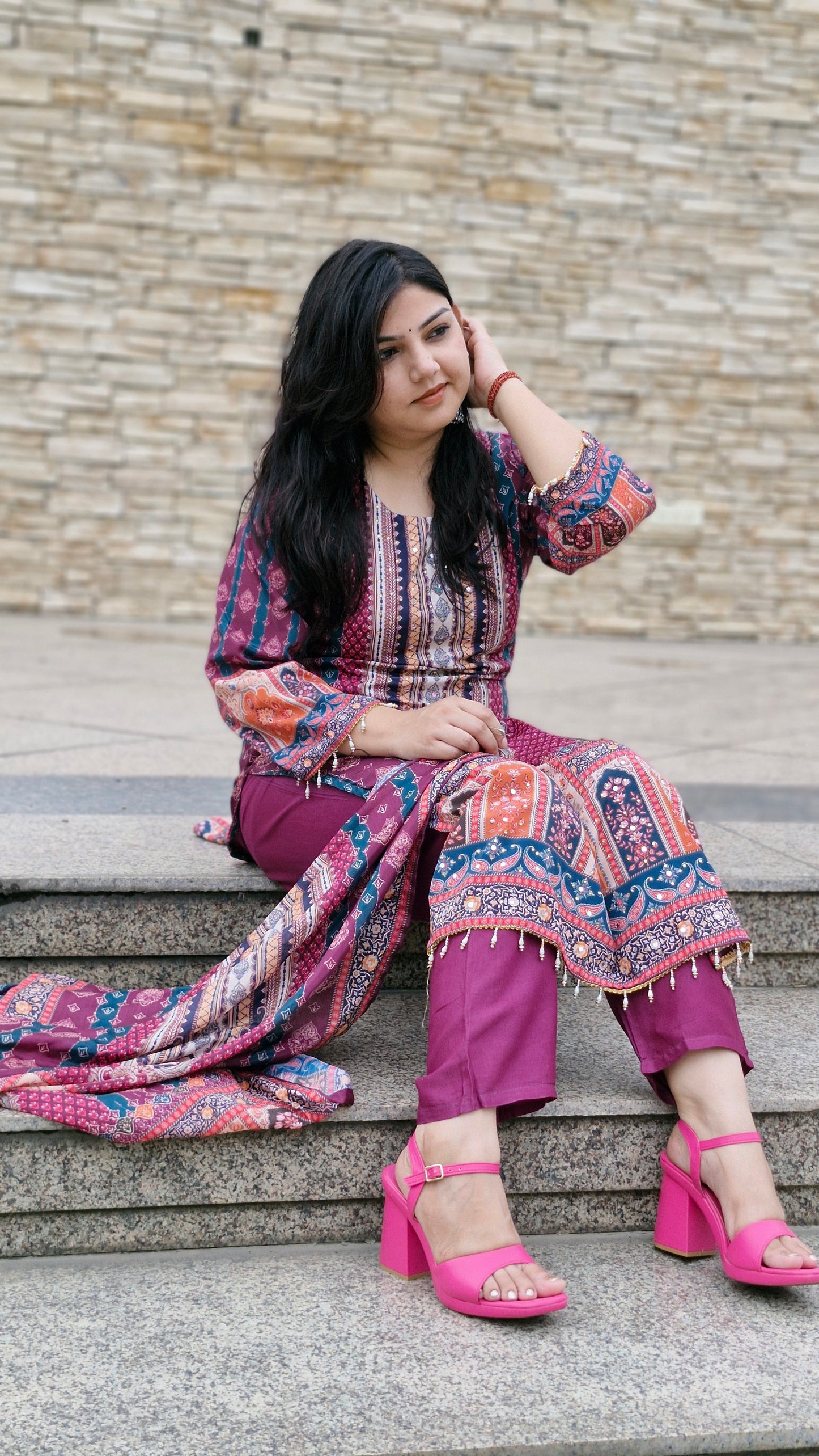 Magenta Multi-Print Dola Silk Suit Set