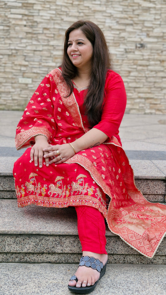 Scarlet Regalia: Embroidered Silk Suit Set