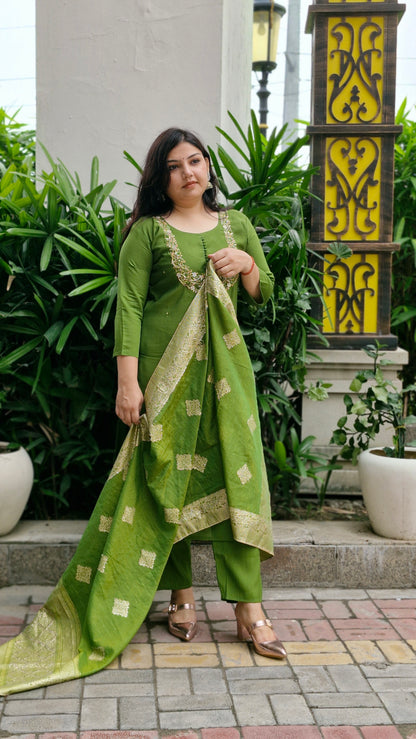 Olive Green Dola Silk Embroidered Suit Set