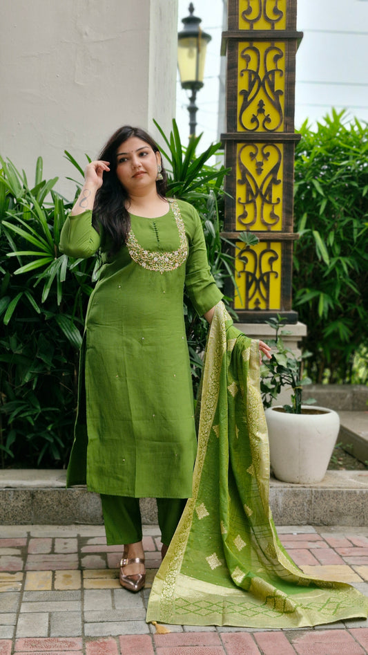 Olive Green Dola Silk Embroidered Suit Set