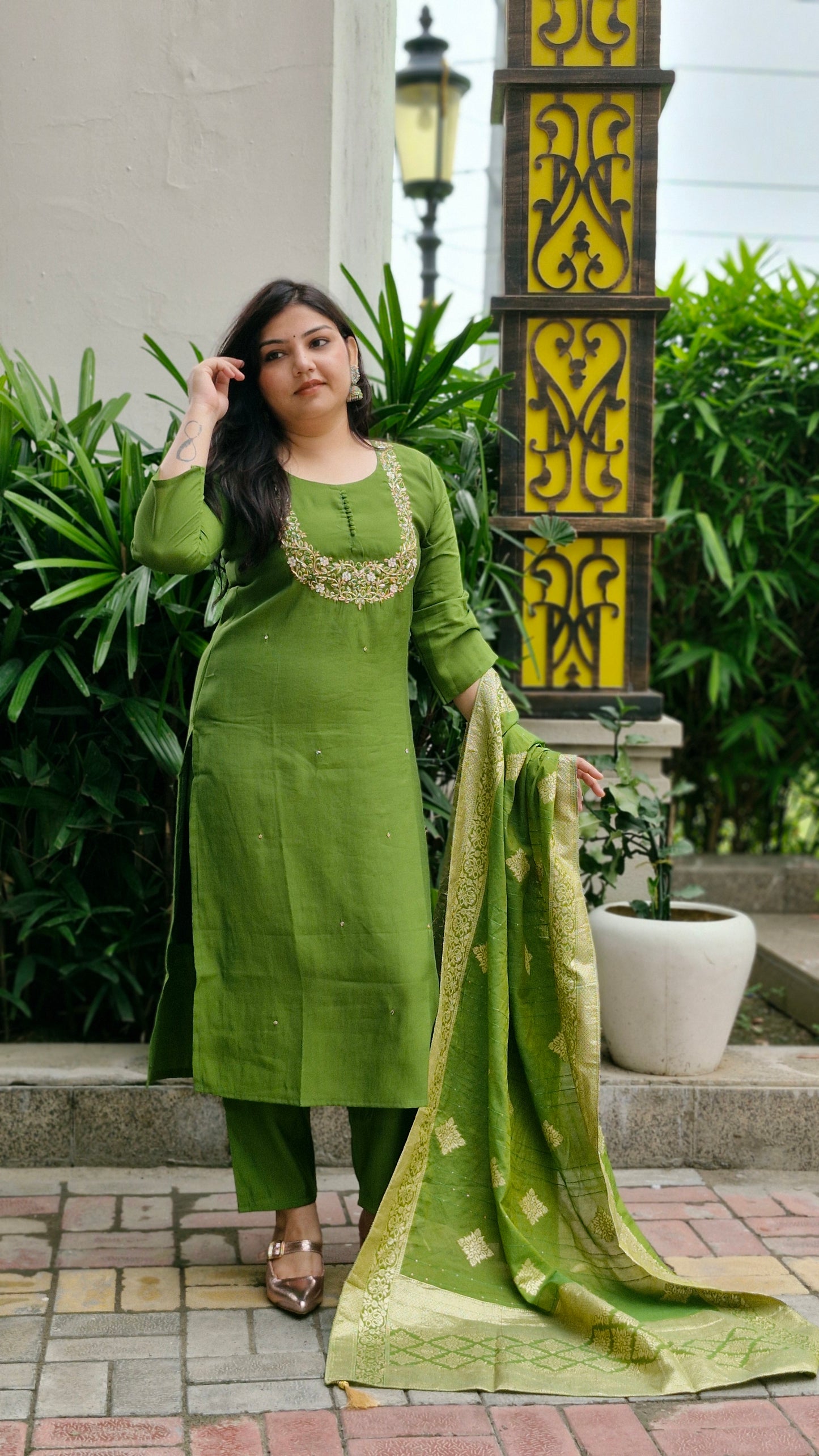 Olive Green Dola Silk Embroidered Suit Set