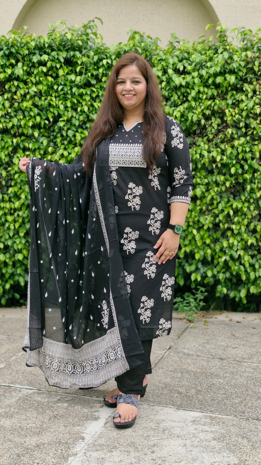 Elegant Black and White Printed Cotton Suit Set