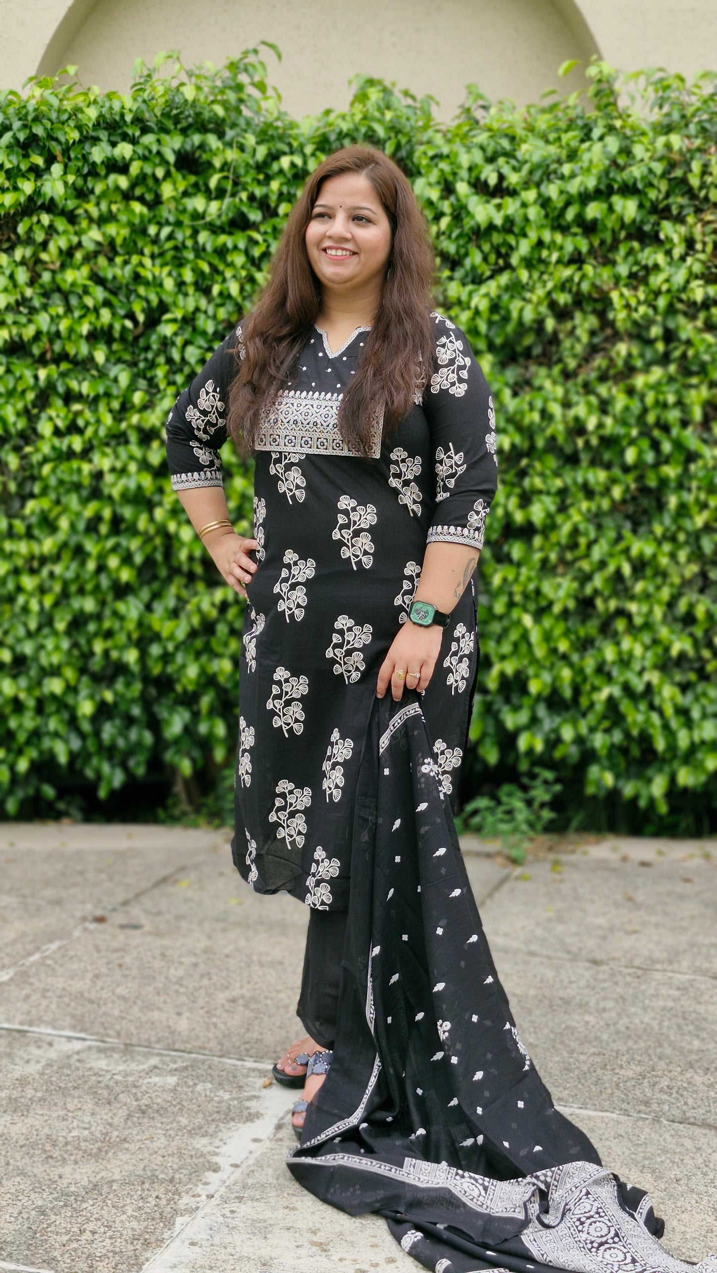 Elegant Black and White Printed Cotton Suit Set