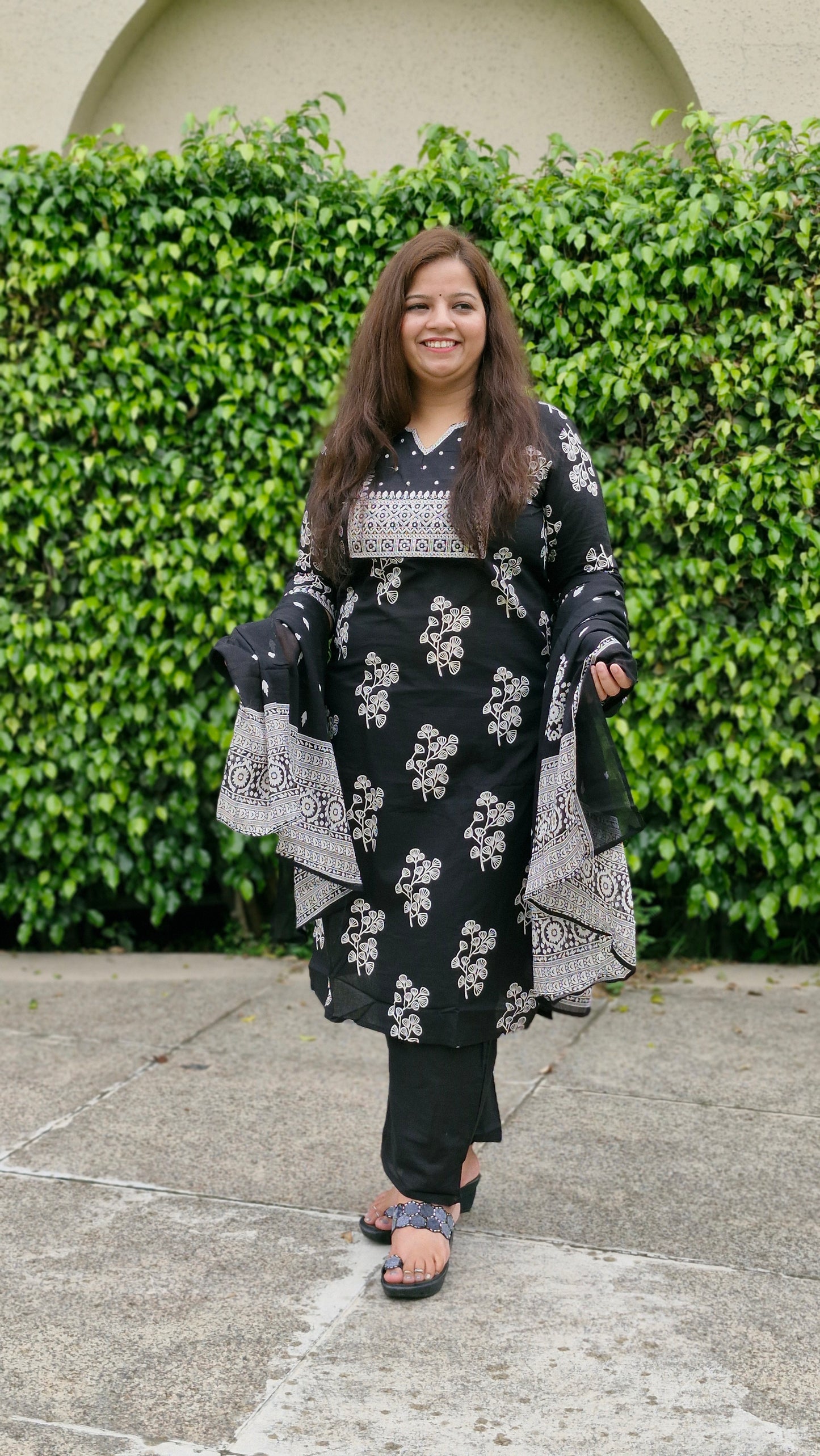 Elegant Black and White Printed Cotton Suit Set