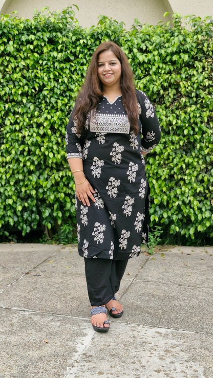 Elegant Black and White Printed Cotton Suit Set
