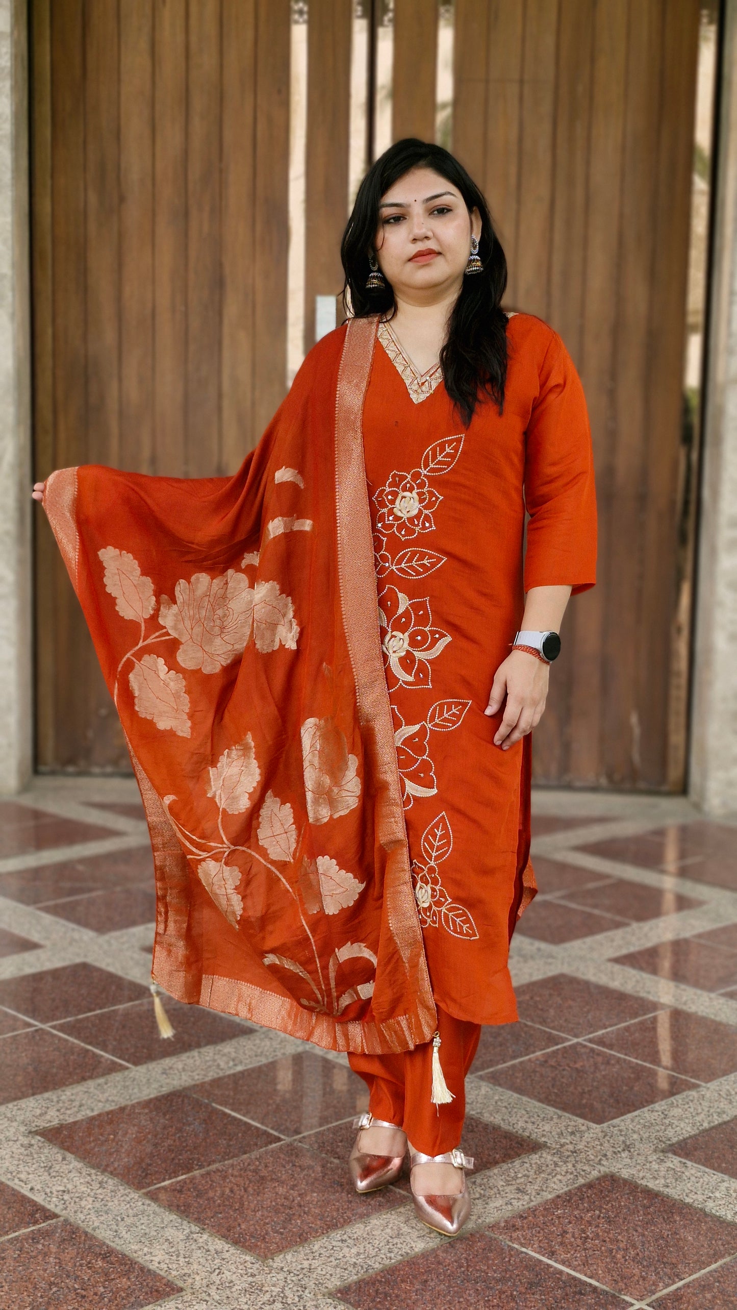 Rust Red Embroidered Cotton Suit Set