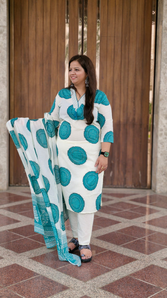 Aqua Blue Handblock Printed Cotton Suit Set