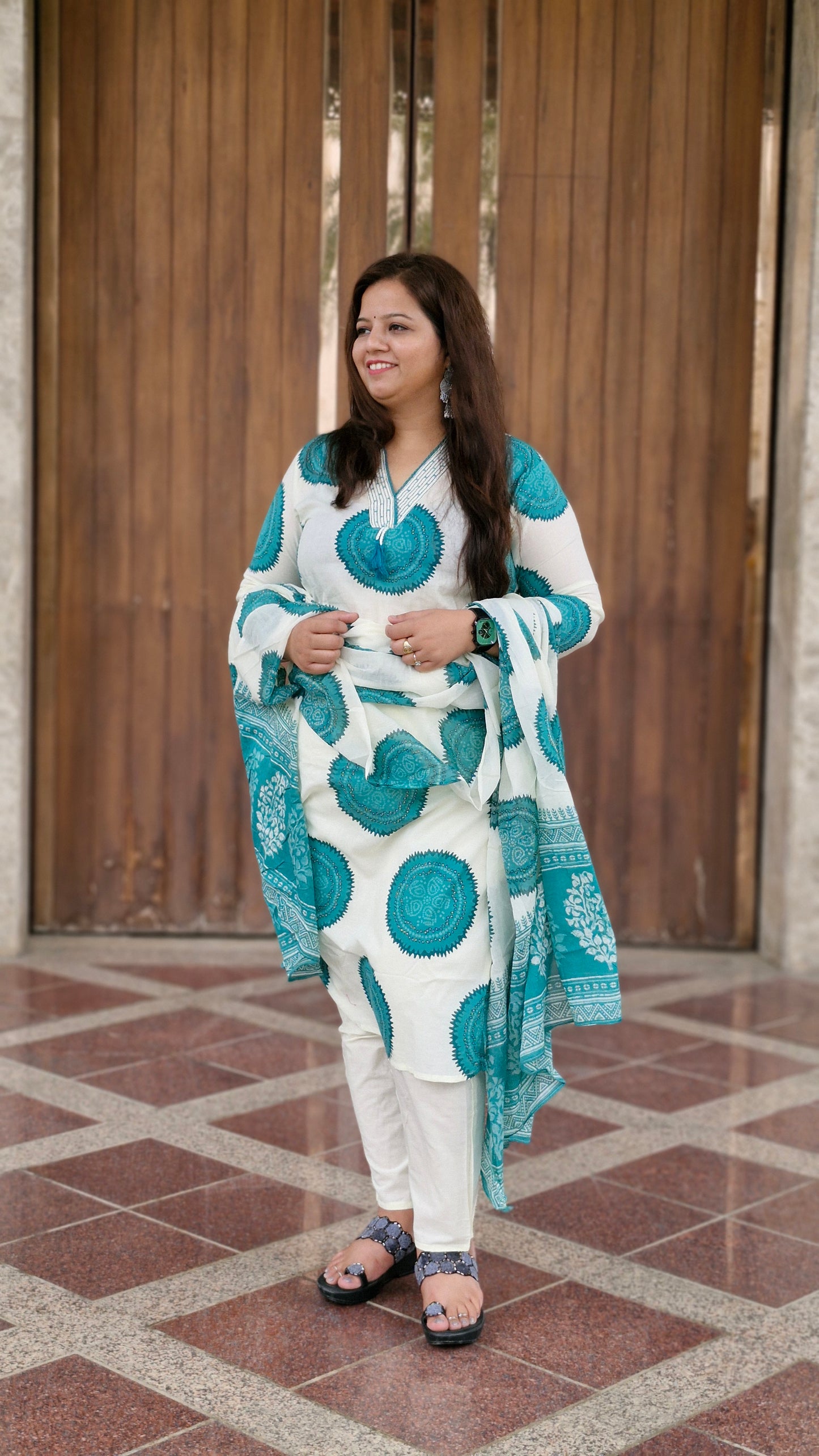 Aqua Blue Handblock Printed Cotton Suit Set