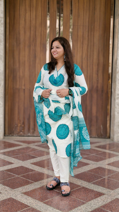 Aqua Blue Handblock Printed Cotton Suit Set