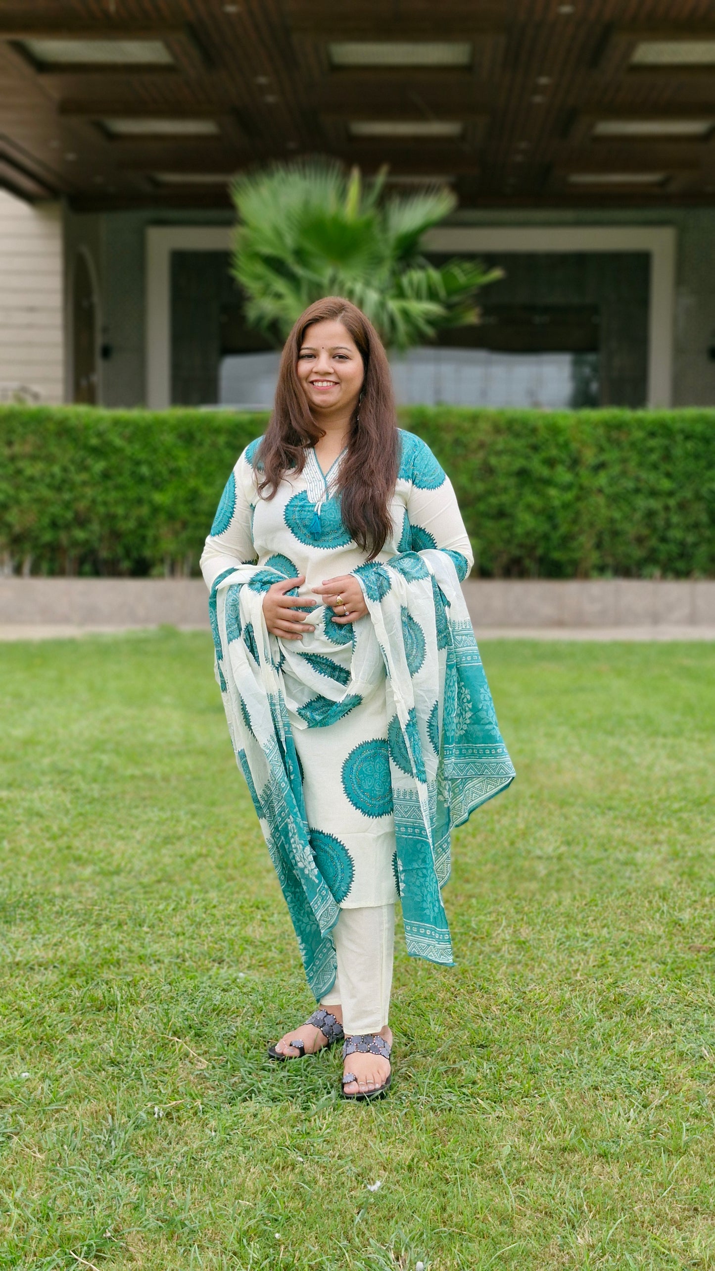 Aqua Blue Handblock Printed Cotton Suit Set