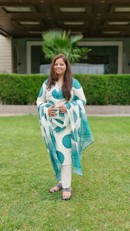 Aqua Blue Handblock Printed Cotton Suit Set