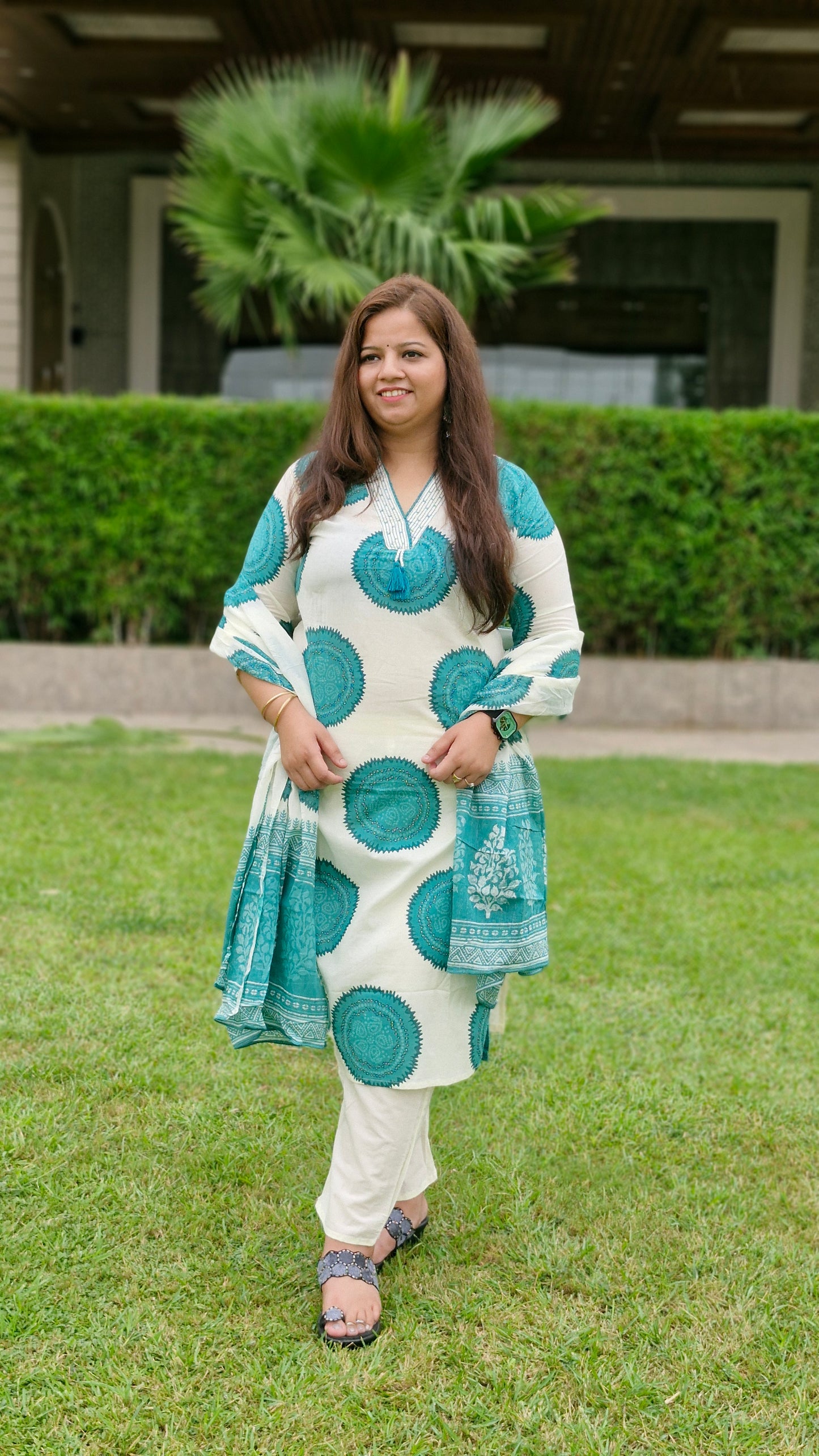Aqua Blue Handblock Printed Cotton Suit Set