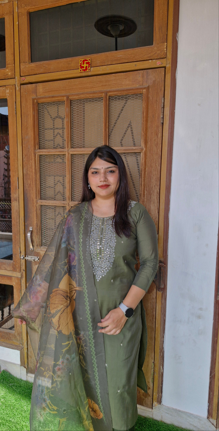 Olive Bloom Mirror Work Suit Set