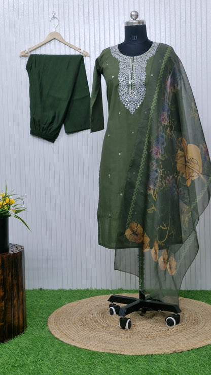 Olive Bloom Mirror Work Suit Set