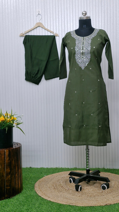 Olive Bloom Mirror Work Suit Set