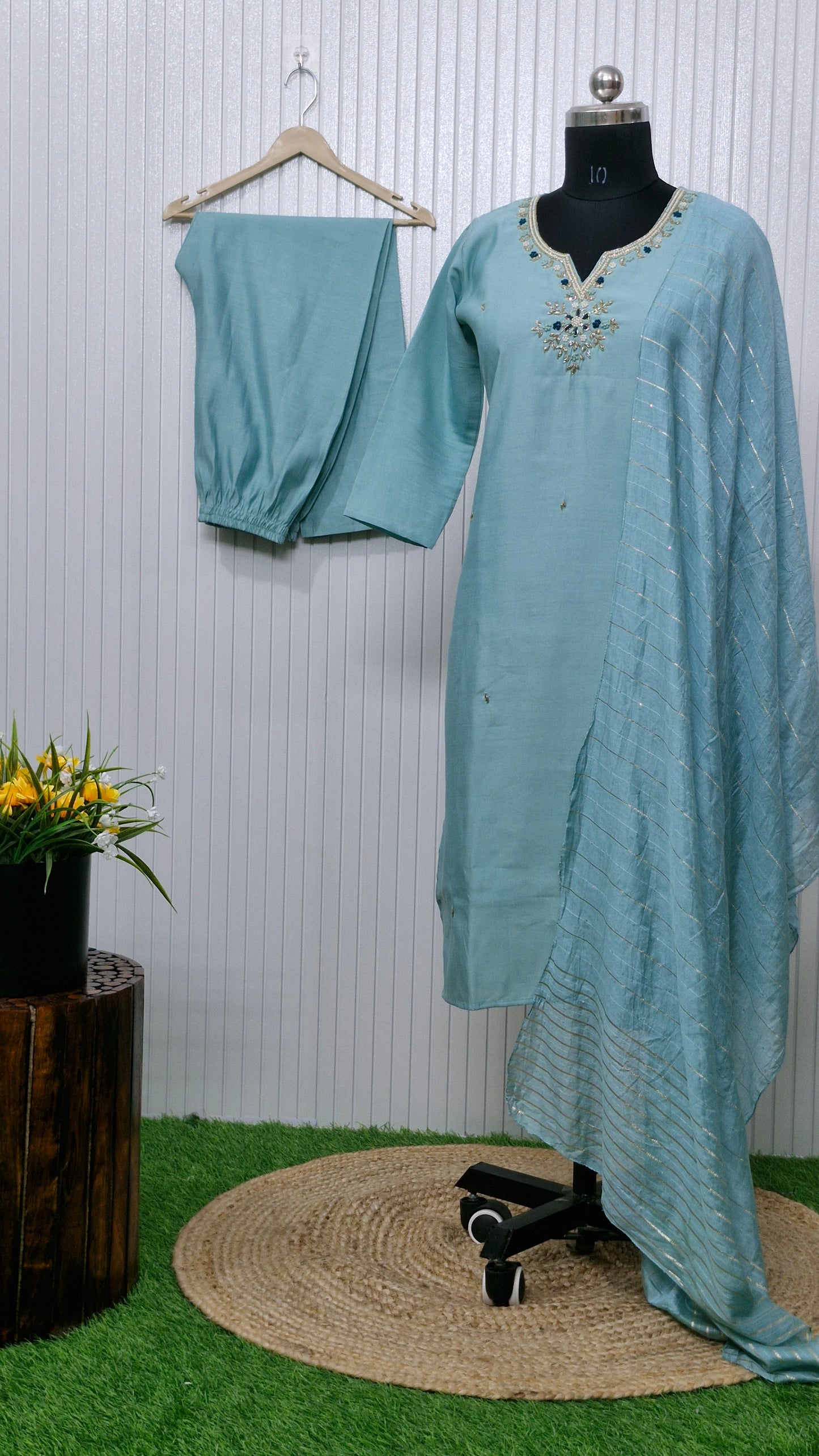 "Aqua Serenity" - Elegant Embroidered Kurta Set