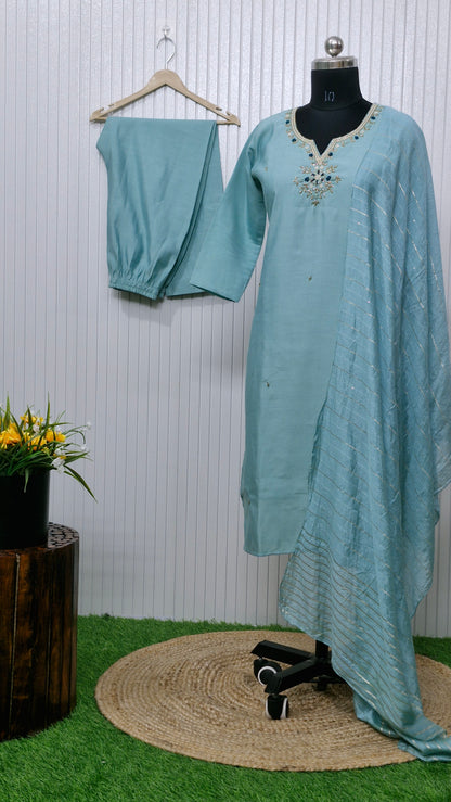 "Aqua Serenity" - Elegant Embroidered Kurta Set